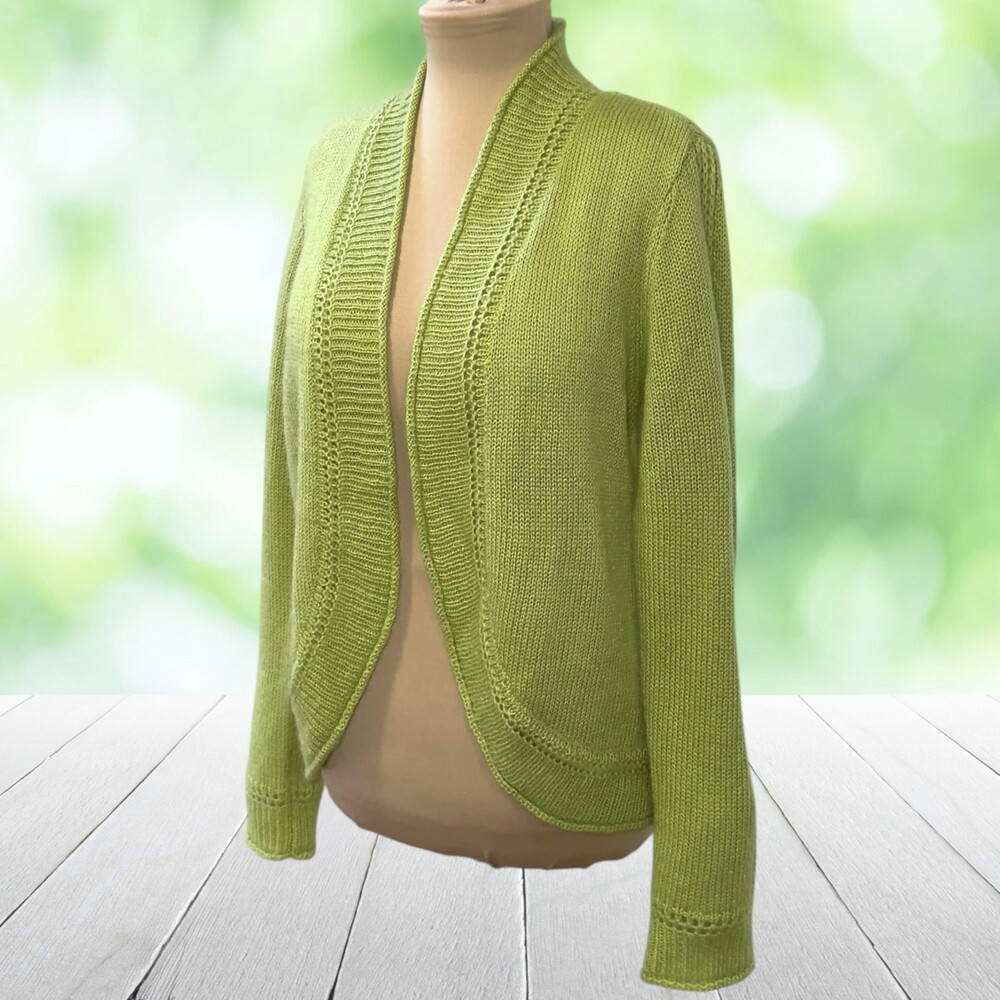 CHICOS Cardigan Sweater Open Front Wool Mohair Soft Knit Apple Green Size 1 (M)